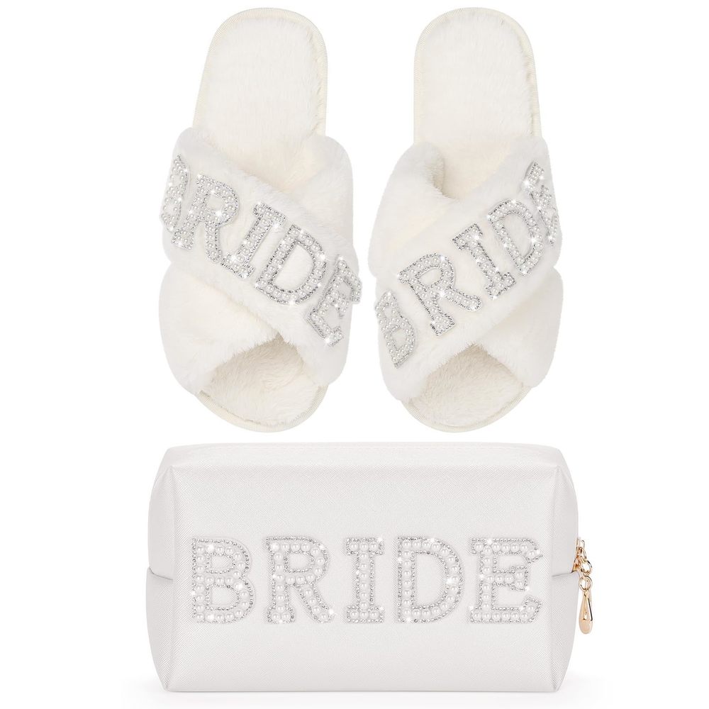 Wedding Gifts Set, Bride Makeup Bag With Bride Slippers, Waterproof Pu Travel🌹